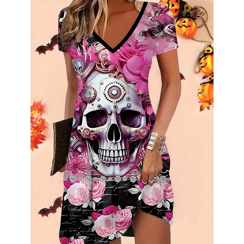 Y2K Ethnic Fashion - Cadılar Bayramı yönlü baskılı pembe gül
